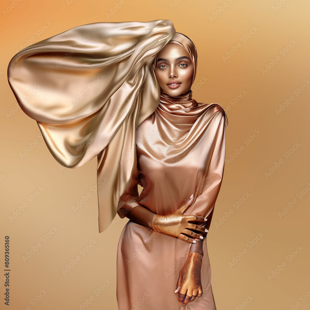 Luxury Fashion Muslim Hijabi 1x1 4x Head-to-Thigh Portrait in Gold, Bronze and Copper Hues with Soft Gradient BG