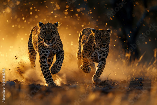 Leopards in full sprint through a glowing desert at sunset, powerful and graceful as they engage in an intense hunt, captured in a dramatic wildlife action scene 
