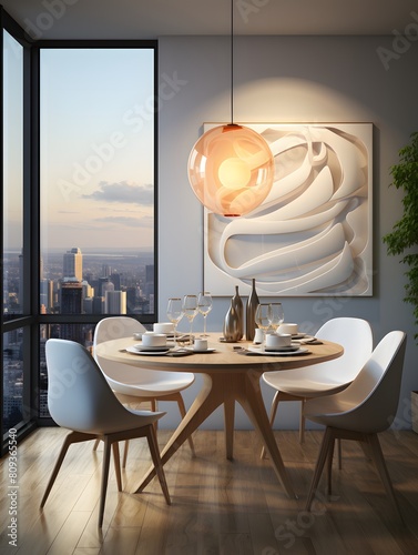 interior lighting of apartment for dining room, in thestyle of light white and light silver, tondo, arnoldopomodoro, realistic depiction of light, photo