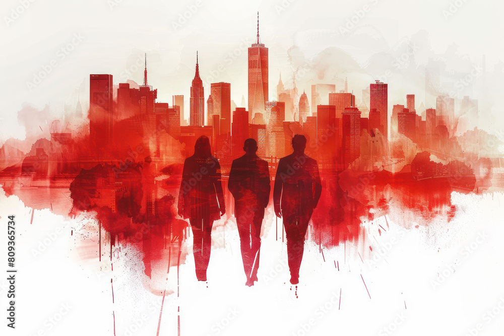 Fototapeta premium Red watercolor paint of business people walking to office by skyscraper