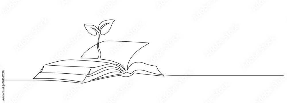 Opened book with sprout plant in one continuous line drawing . Education study and knowledge concept in simple linear style. Growing wisdom in editable stroke. Doodle contour vector illustration