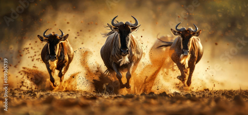 African wildebeests charge through the desert at sunset, powerful and graceful, reveling in the race amidst a backdrop of glowing, warm light 