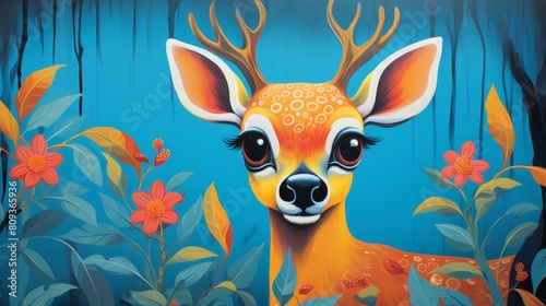A playful deer with big eyes curiously peeks over a bright colored edge, Ai Generated