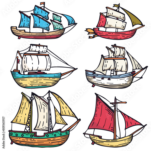 Set colorful sailboats handdrawn style. Nautical vessels illustration childrens book graphics. Maritime sailing ships, sea adventure artwork
