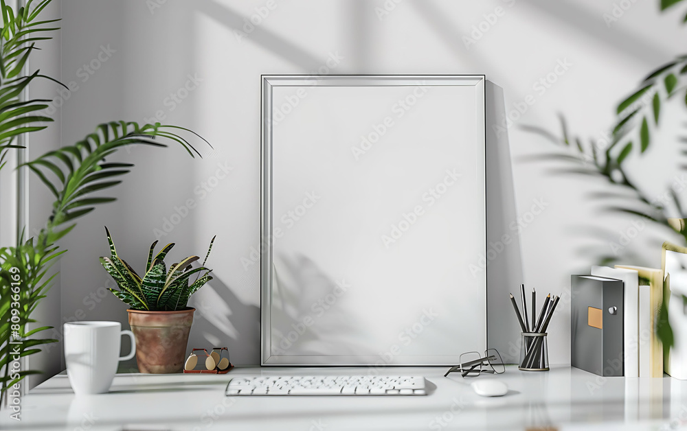 white frame mockup against a cozy, clutter-free office backdrop. Opt for a simple and neat design with clean table details white frame mockup against a cozy, clutter-free office backdrop. Opt for a simple and neat design with clean table details