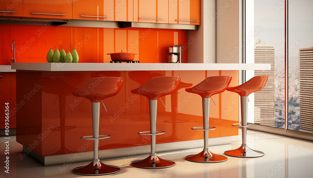 Three orange bar stools in a modern kitchen with a large window overlooking the city Three orange bar stools in a modern kitchen with a large window overlooking the city