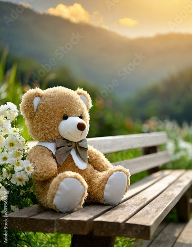 Un oso de peluche descansa en un banco de madera con majestuosas montañas en el fondo. El cielo está lleno de nubes esponjosas y el césped está salpicado de coloridas flores silvestres.