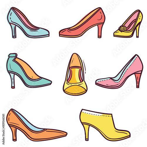 Collection womens shoes, high heels various styles colors. Fashionable footwear design, assorted elegant female pumps. Set chic ladys shoes, fashion illustration isolated white background