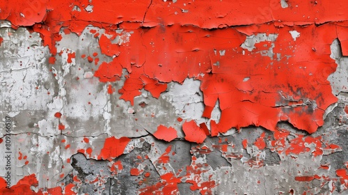 Abstract background of shabby concrete wall surface with bright red paint and weathered parts