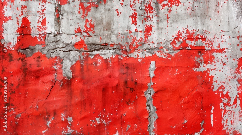 Fototapeta premium Abstract background of shabby concrete wall surface with bright red paint and weathered parts