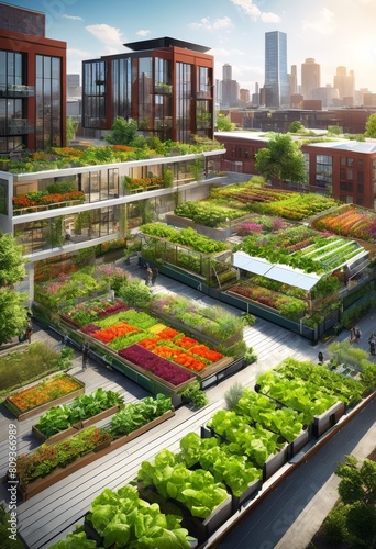illustration, vibrant urban agriculture capturing rooftop community supported urban farming city planning, gardens, initiatives, programs, planners