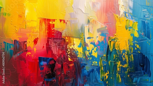 Abstract colorful oil painting on canvas texture. Semi- abstract image of landscape paintings background. Modern art oil paintings with yellow, red and blue. Abstract contemporary art for background