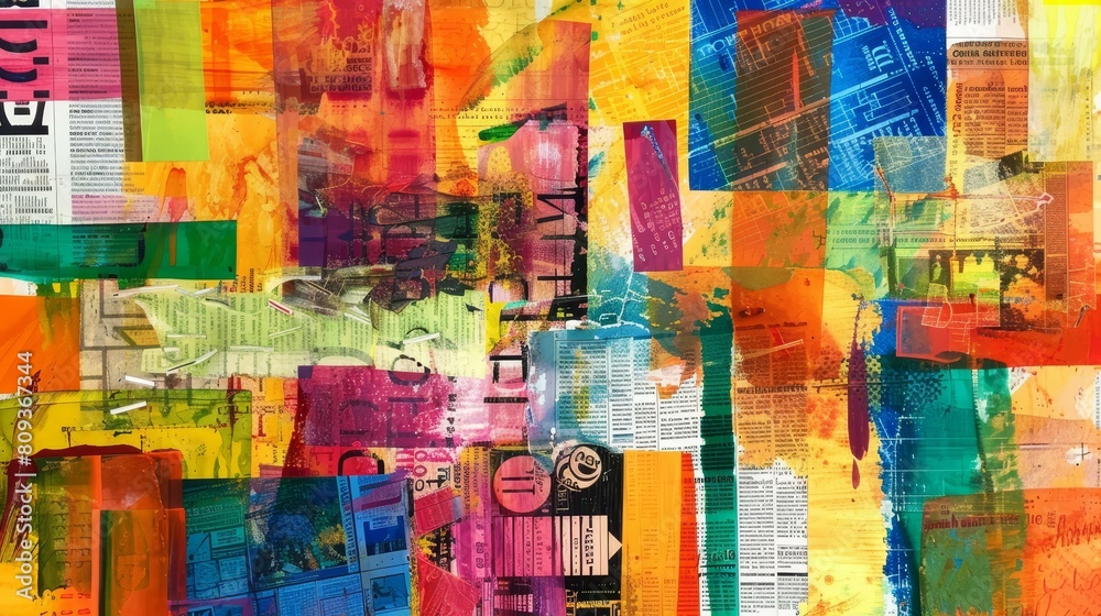 Vibrant mixed media collage Abstract patterns, newspaper clippings, vivid colors, Ai Generated