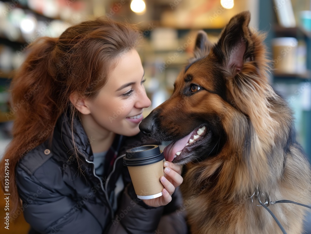 A woman is petting a dog while holding a cup. The dog is wagging its tail and he is happy A woman is petting a dog while holding a cup. The dog is wagging its tail and he is happy