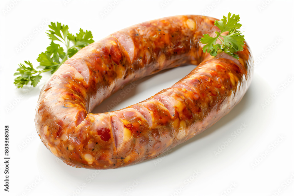 a sausage with a sprig of parsley on it a sausage with a sprig of parsley on it