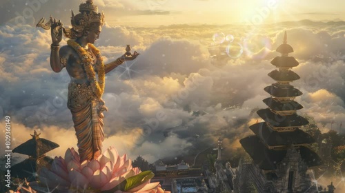 an illustration of a Hindu god who is on top of a temple with a beautiful view. seamless looping time-lapse virtual video Animation Background. photo