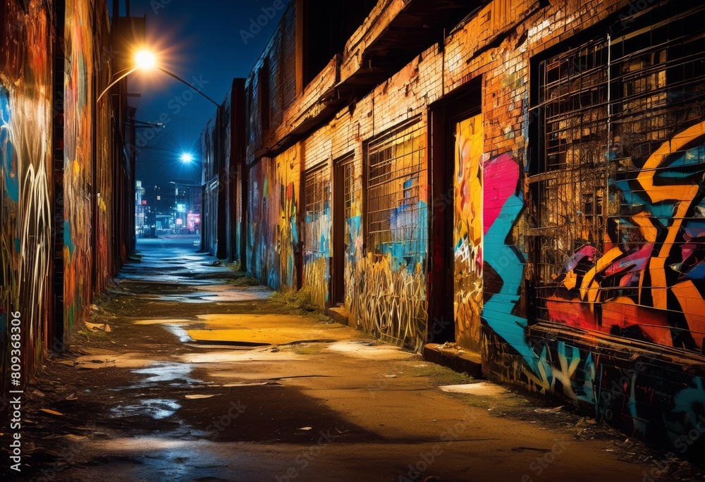 Fototapeta premium illustration, urban abstract street emphasizing street art beauty, graffiti, decay, textures, city, vandalism, spray, paint, murals, decaying, neglected