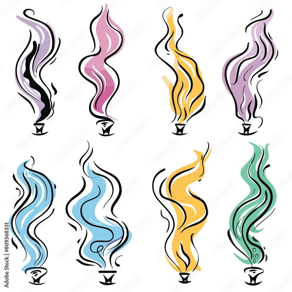 Set colorful incense smoke illustrations various hues, emanating small holders. Swirling patterns incense smoke, stylized artistic, shades purple, pink, yellow, blue. Abstract smoke designs isolated Set colorful incense smoke illustrations various hues, emanating small holders. Swirling patterns incense smoke, stylized artistic, shades purple, pink, yellow, blue. Abstract smoke designs isolated