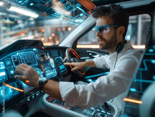 A man in a white shirt is driving a car with a futuristic dashboard. He is wearing glasses and a watch