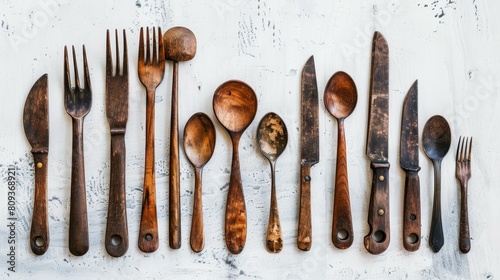 Rustic wooden cutlery set including various sized forks, knives, and spoons, Ai Generated photo
