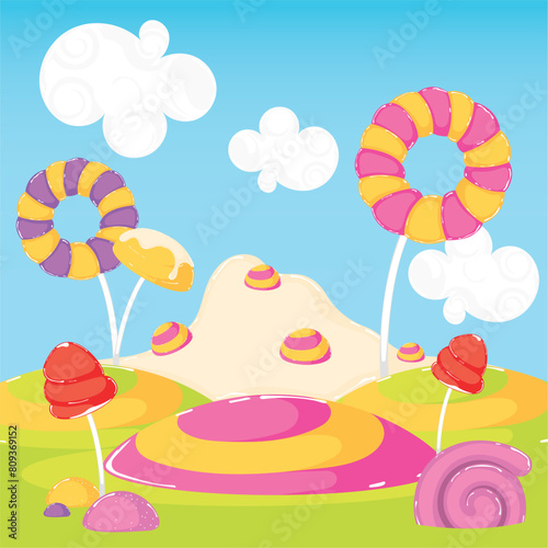 Colored candy land landscape Sweet place Vector illustration