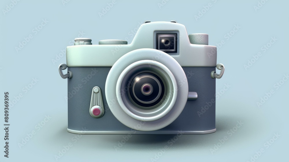 A realistic 3D camera icon featuring a detailed lens and flash, Ai Generated.