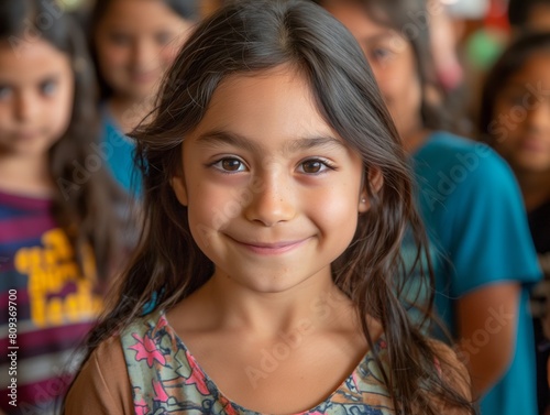 A young girl with long hair is smiling at the camera. She is wearing a floral dress. The other children in the background are also smiling