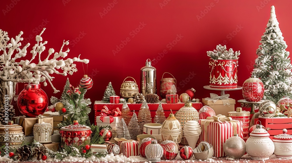 Joyful Holiday Scene Gifts, Bells, Christmas Trees, and Snowflakes Against a Vibrant Red Background Joyful Holiday Scene Gifts, Bells, Christmas Trees, and Snowflakes Against a Vibrant Red Background