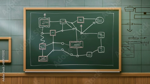 Description Draw a detailed flowchart on a blackboard to guide students through a scientific experiment  Ai Generated