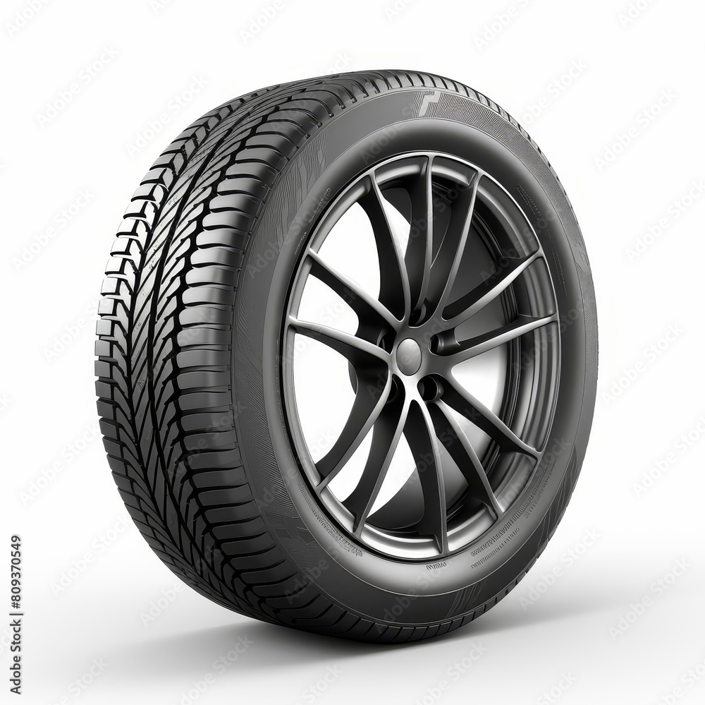 Pristine car tire showcased alone against a white backdrop, AI Generated. Pristine car tire showcased alone against a white backdrop, AI Generated.
