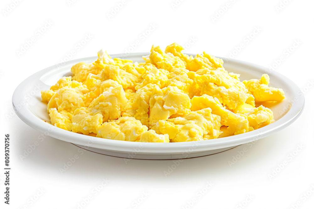 a plate of scrambled eggs on a white plate