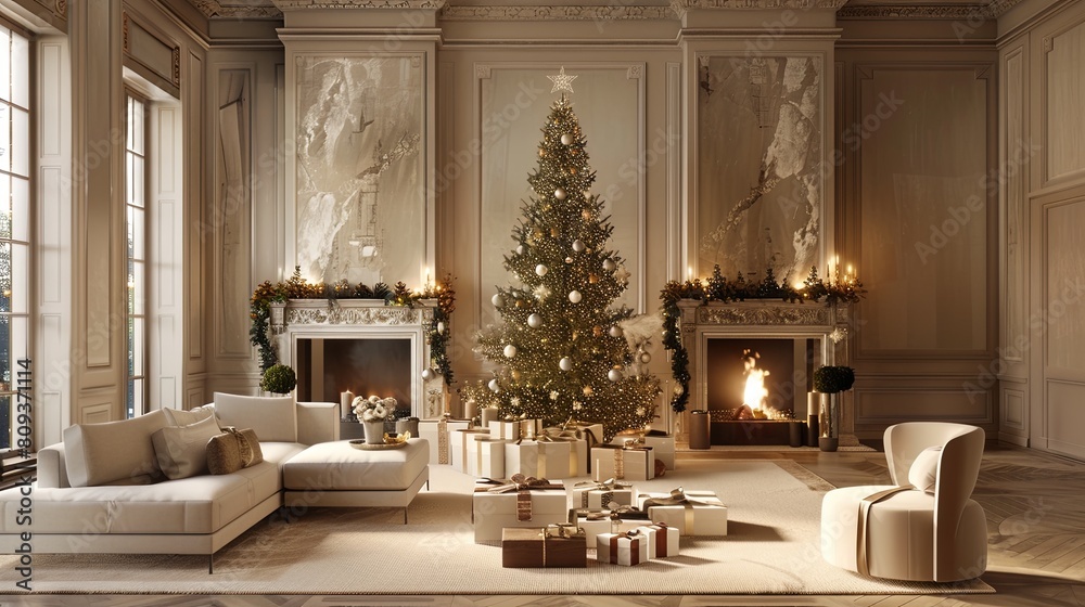 Spacious living room with an elegant Christmas tree and cozy fireplace, creating a captivating diorama.