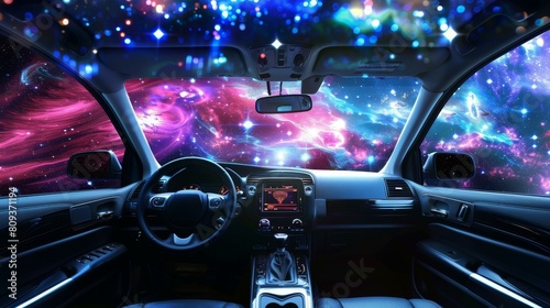 Futuristic car interior transforms into spaceship, offering galaxy vista, Ai Generated