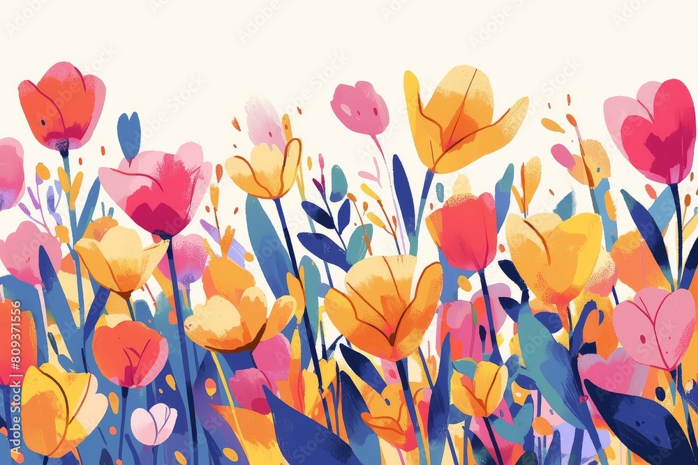Tulips swaying in a field, their colorful blooms and leafy stems repeating in harmony. Tulips swaying in a field, their colorful blooms and leafy stems repeating in harmony.