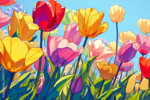 Tulips swaying in a field  their colorful blooms and leafy stems repeating in harmony.
