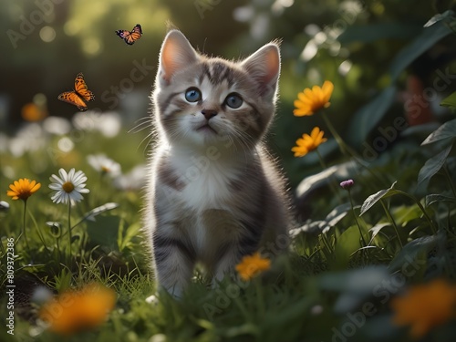 A playful kitten chasing after a fluttering butterfly in a sun-dappled garden