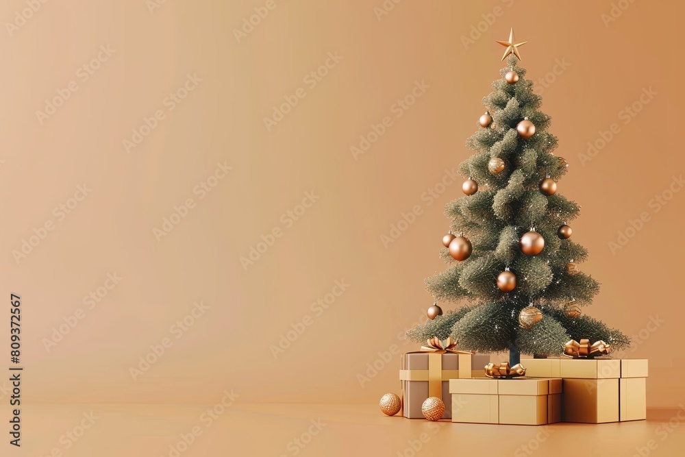 Cozy Christmas Tree 3D Rendering with Warm Color Scheme, Copy Space, and Gift Box Cozy Christmas Tree 3D Rendering with Warm Color Scheme, Copy Space, and Gift Box