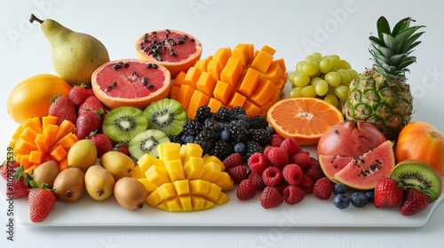 exotic fruit platter on isolated background featuring a variety of fruits including green grapes  oranges  kiwis  watermelons  bananas  and pineapples