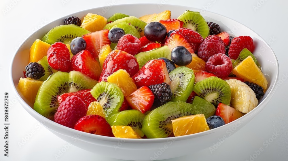 exotic fruit salad bowl on transparent background featuring sliced kiwi, red strawberries, and black blueberries exotic fruit salad bowl on transparent background featuring sliced kiwi, red strawberries, and black blueberries