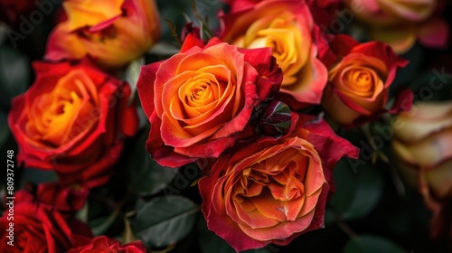 Macro photography of a vibrant bouquet of roses blooming in red orange and yellow from my pesticide free garden