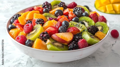 exotic fruit salad bowl on transparent background featuring sliced kiwi, red raspberries, and blackberries in a white bowl