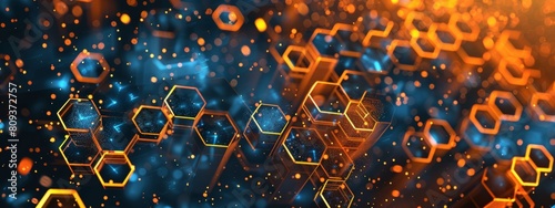Abstract background with glowing hexagons in black and blue colors, orange light on the right side, hyper realistic in the style of cinematic. photo