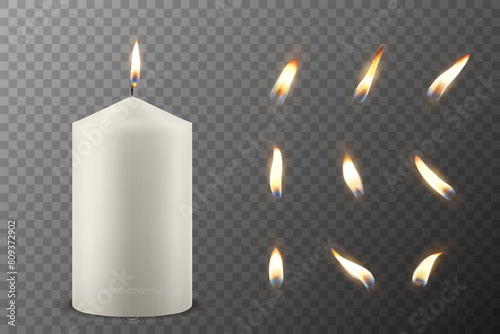 Vector 3D Realistic Paraffin Wax Burning Party Spa Candle and Burning Flame Set Closeup Isolated. Candle, Candle Flame Design Template for Relaxation, Wellness, and Celebration Concept, Front View