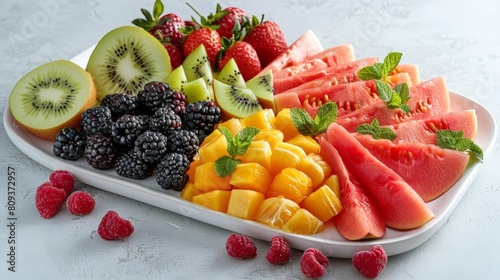 exotic fruit tasting plate on transparent background featuring sliced watermelon  red raspberries  and blackberries  accompanied by a green leaf