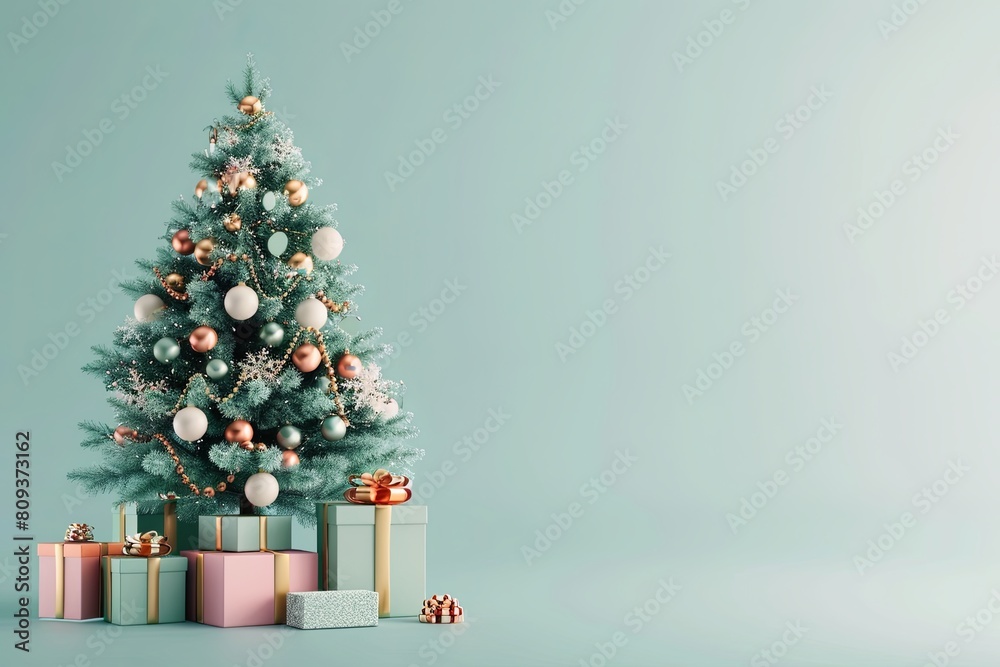 Festive Christmas tree with space for text. 3D rendered illustration in soft pastel hues. Includes gift box Festive Christmas tree with space for text. 3D rendered illustration in soft pastel hues. Includes gift box