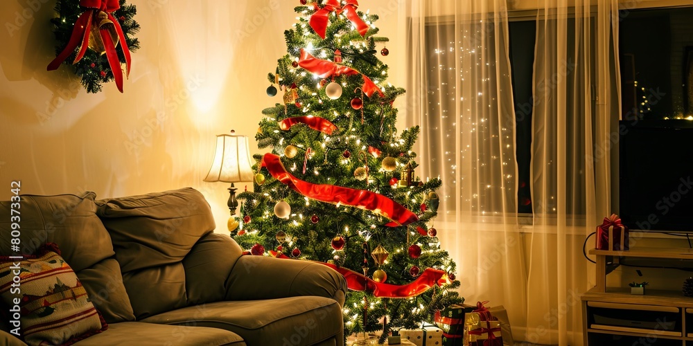 Holiday ambiance with a Christmas tree adorned with ribbons in the living room