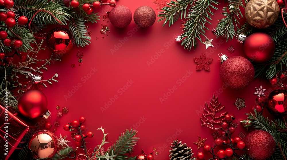 Holiday celebration with creative Christmas frame on red background for Xmas and New Year