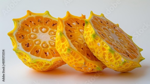 fresh kiwano on isolated background, cut in half, with a shadow in the foreground photo