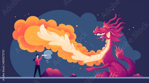 A brave man tames a fire-breathing dragon with a single bubble. photo