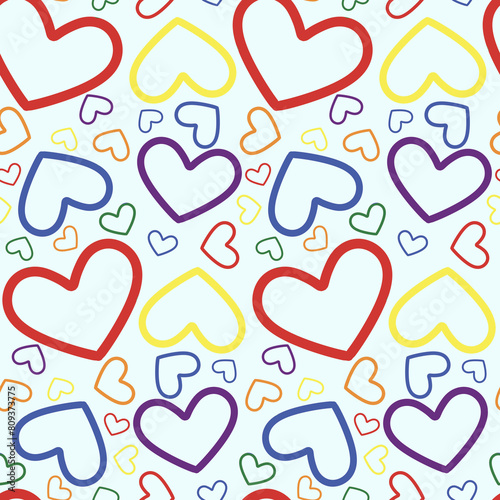 seamless pattern with big and small hearts for pride day on sky blue background